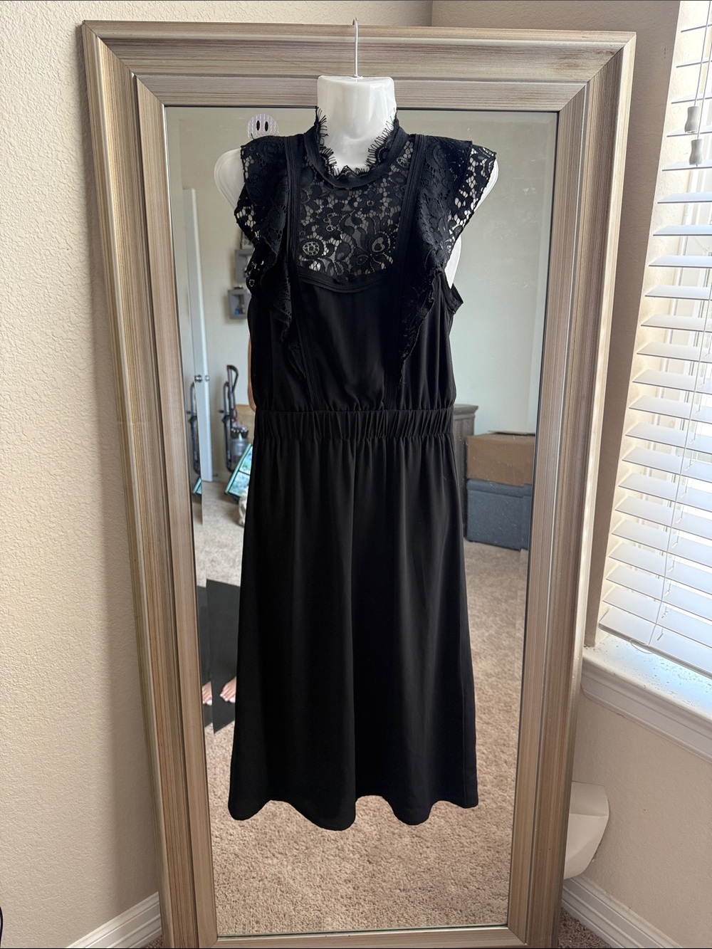 H&M Black Lace-Detail Midi Dress with Ruffle Sleeves